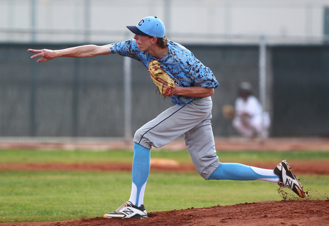 Centennial’s James Harbour delivers a pitch Friday at Silverado. Harbour allowed seven ...