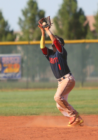 Liberty’s Lucas Bogues makes a catch during a baseball game against Las Vegas at Liber ...