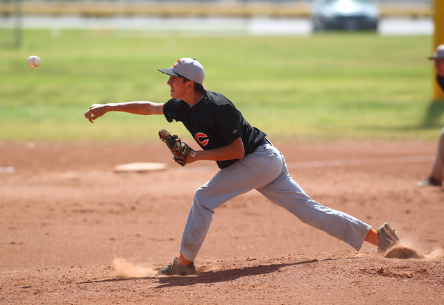 Chaparral’s Tyler Crone (6) fires a pitch against Tech on Tuesday at Silver Bowl Park. ...