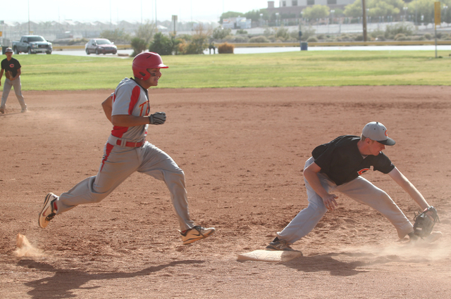 Chaparral’s Matt Ellison (19) catches the throw to force out Tech’s Bryan Casas ...