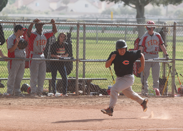 Chaparral’s Clayton Tate (23) runs for home plate against Tech on Tuesday at Silver Bo ...