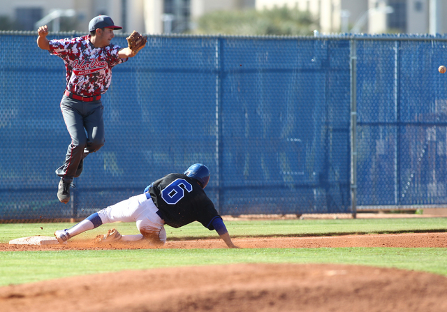 Sierra Vista’s Cole Crosby (6) slides into third base as the throw sails past Arbor Vi ...