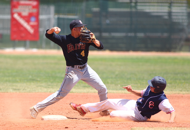 Faith Lutheran’s Logan Etherington (4) throws to first base for an attempted double pl ...