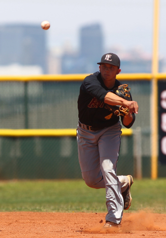 Faith Lutheran’s Logan Etherington (4) throws to first base during Saturday’s ga ...