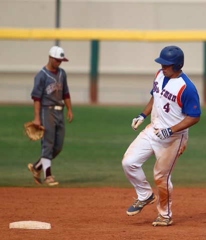 Bishop Gorman’s Brandon Wulff (4) rounds second base after hitting his 10th home run o ...