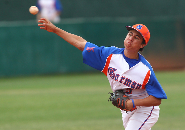 Bishop Gorman’s Antonio Rainone (5) makes a throw in the fifth inning against Cimarron ...