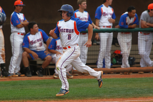 Bishop Gorman’s Beau Capanna (6) races home to score a run in the third inning against ...