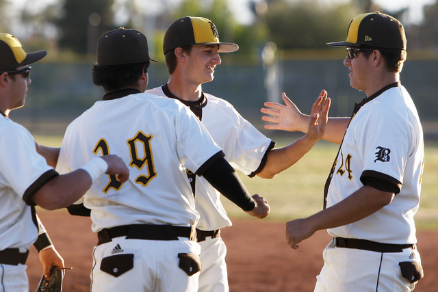 Bonanza pitcher Spencer Faught is congratulated after shutting out Foothill 13-0 Thursday, M ...