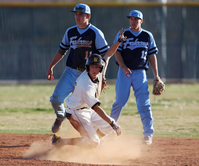 Bonanza outfielder Levi Klump comes up after stealing second base uncontested during their 1 ...