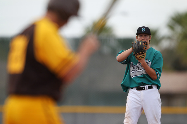 Silverado pitcher Buddie Pindel stares down a Bonanza hitter Wednesday, March 18, 2015 at Si ...