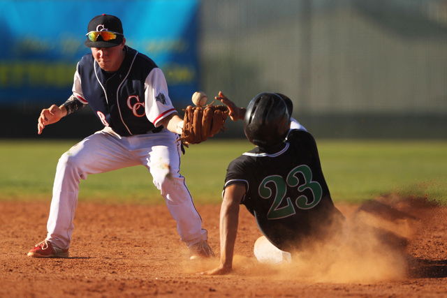 Palo Verde’s Jerron Largusa steals second as Coronado short stop Jordan Dalrymple can& ...