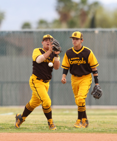 Bonanza third baseman Jay DeSoto has a fly hit off the heal of his glove during their game a ...