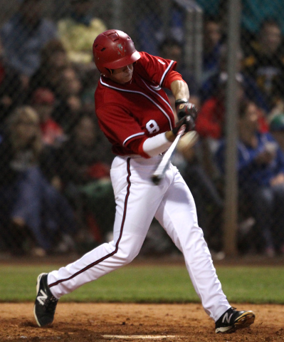 Arbor View’s Sam Pastrone connects with a two-run home run against Green Valley during ...