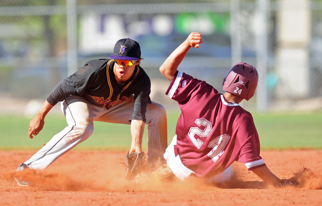 After driving in two runs, Cimarron-Memorial base runner Luis Flores is tagged out at second ...