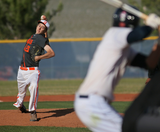 Bishop Gorman senior Chase Maddux pitches during a game against Shadow Ridge at Shadow Ridge ...