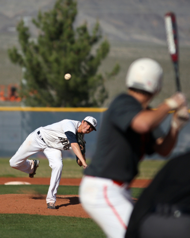 Shadow Ridge’s Chris Opolka pitches during a game against Bishop Gorman at Shadow Ridg ...