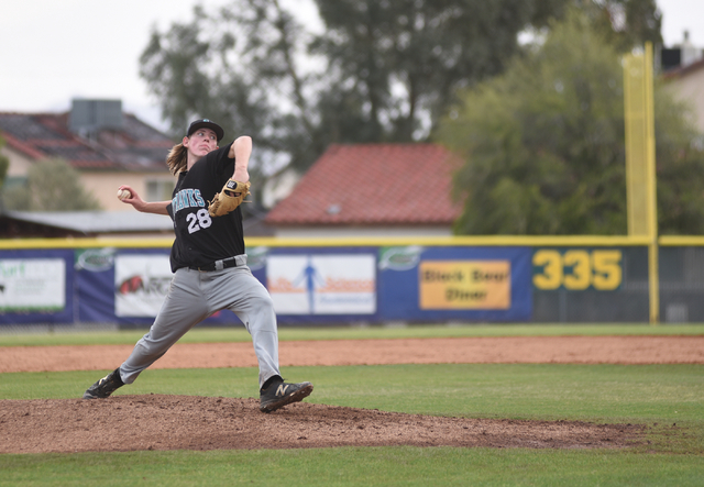 Silverado’s Kevin Pindel (28) pitches against Green Valley during their baseball game ...