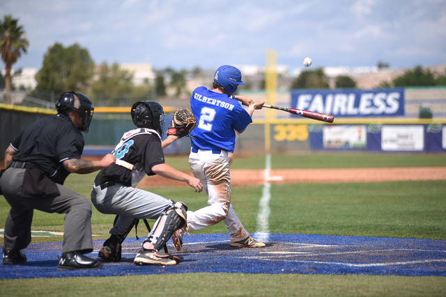 Green Valley’s Matt Gilbertson (2) hits a pitch against Silverado during their basebal ...