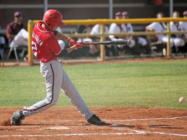 Arbor View’s Quinn Gallagher hits the ball during a baseball game against Cimarron-Mem ...