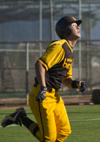 Bonanza’s Micah Higa (8) makes a run for first base during their game against Silverad ...