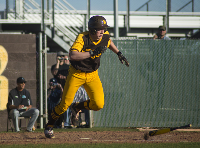 Bonanza’s Chris Dunn (22) makes a run for first base during their game against Silvera ...