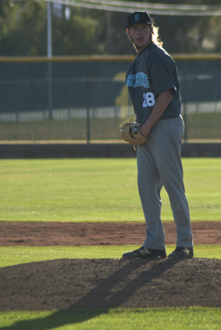 Silverado pitcher Kevin Pindel (28) prepares to pitch during their game at Bonanza High Scho ...