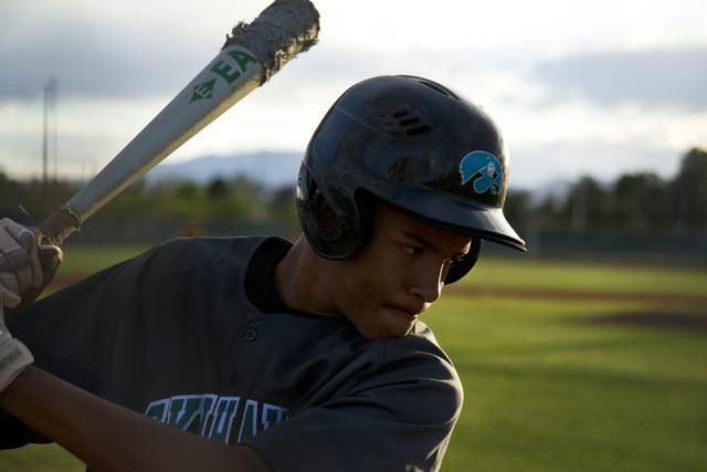 Silverado’s Chandler Whitehead (1) warms up during their game at Bonanza High School i ...