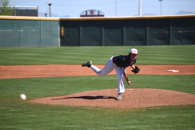 Bishop Gorman’s Jack Little (11) pitches against Liberty high school during their base ...