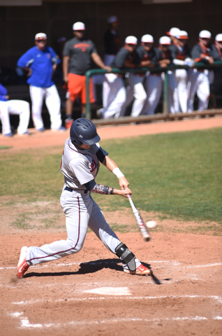 Liberty’s Nick Rush (5) swings at the ball against Bishop Gorman high school during th ...