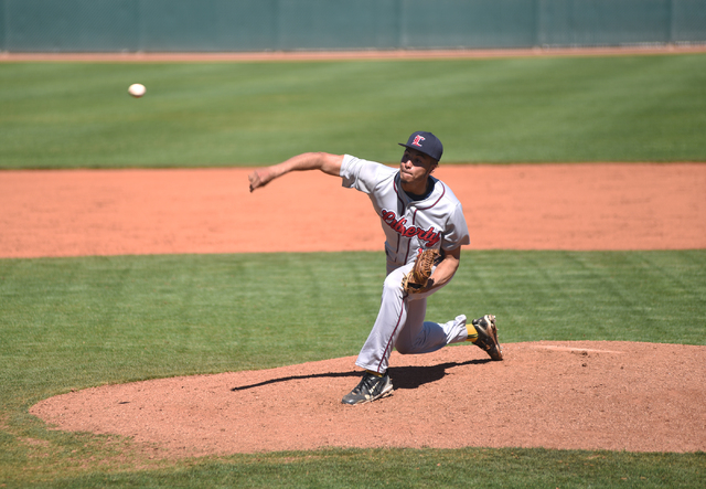 Liberty’s Ed O’Bannon (16) pitches against Bishop Gorman high school during thei ...