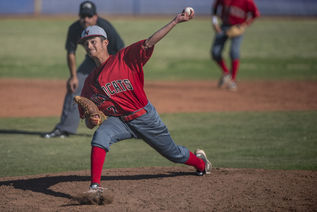 Las Vegas High School’s Kevin Verduzco (17) pitches against Basic at Basic High School ...