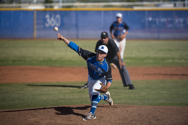 Basic pitcher CJ Dornak (9) pitches to Las Vegas at Basic High School in Henderson on Tuesda ...