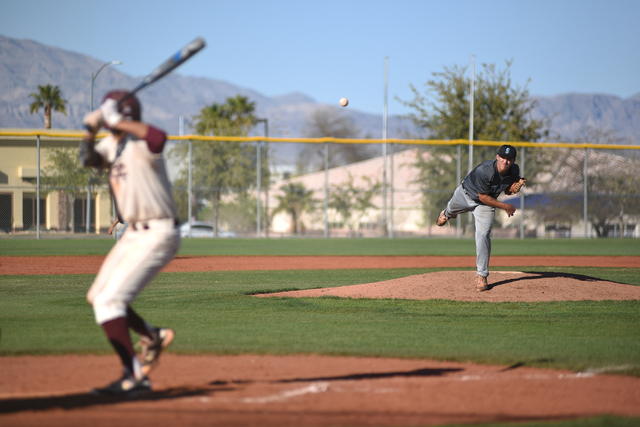 Silverado’s Ryan Pappas (18) pitches against Cimarron-Memorial during their game playe ...