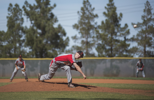 Tech’s Sebastian Fitzgerald (6) pitches against Boulder City during their baseball gam ...