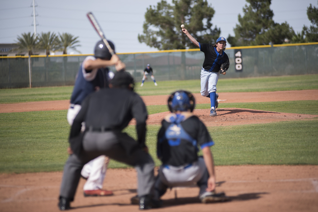 Basic’s Josh McLean (57) pitches against Coronado during their baseball game at Corona ...