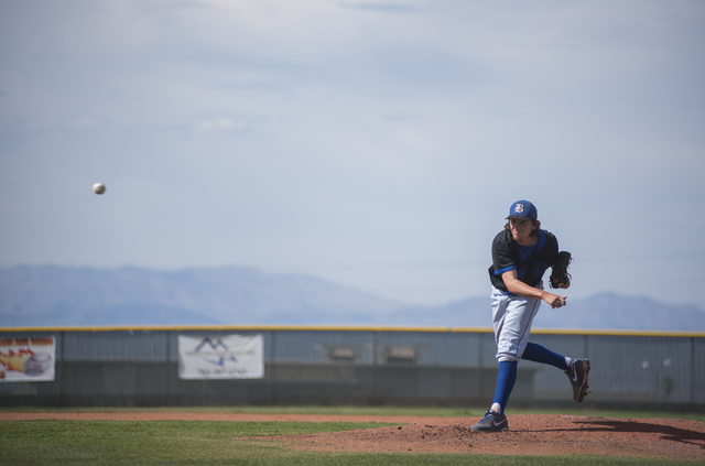 Basic’s Josh McLean (57) pitches against Coronado during their baseball game at Corona ...