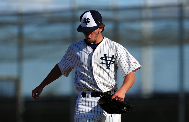 Spring Valley starting pitcher Nick Rupp reacts after striking out Sierra Vista in the seven ...