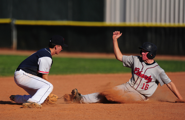 Liberty base runner Justin Lutes steals second base while Coronado shortstop Kyle Hall field ...