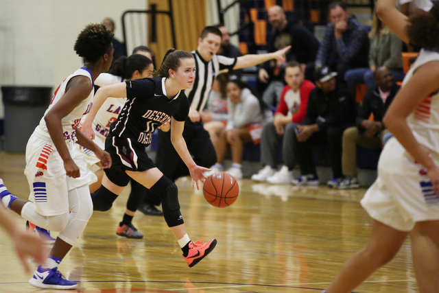 Desert Oasis senior Ashlynn Sharp drives the ball to the basket on Monday, Feb. 6, 2017 at B ...