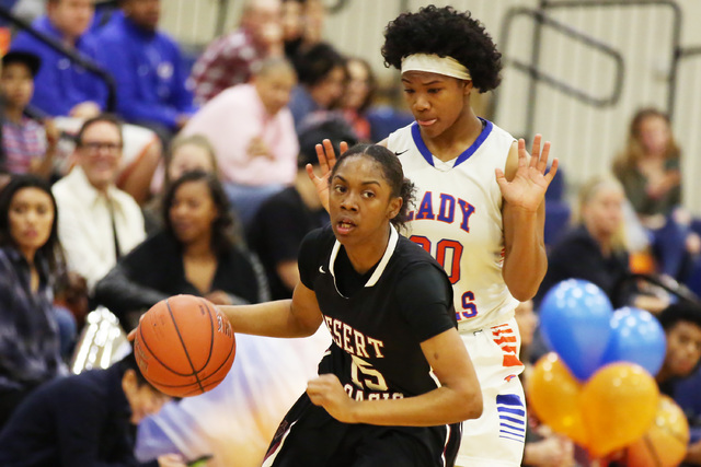 Desert Oasis sophomore Ahmaya Smith takes the ball to the net on Monday, Feb. 6, 2017 at Bis ...