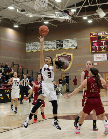 Faith Lutheran’s Maddie Bocobo (3) shoots against Pahrump on Tuesday. Bocobo scored 12 ...