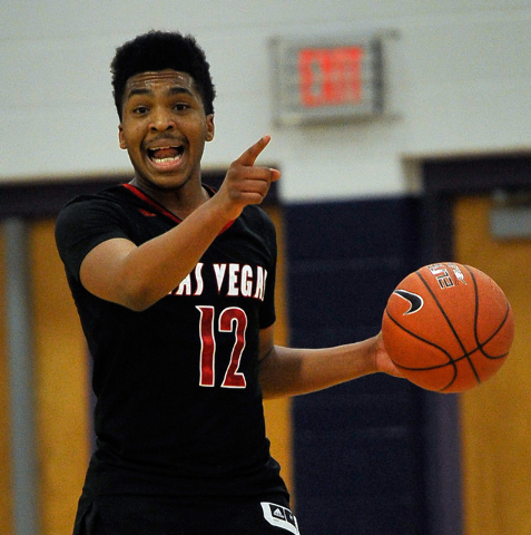 Las Vegas’ Devon Colley calls a play against Canyon Springs on Monday. Colley had 15 p ...