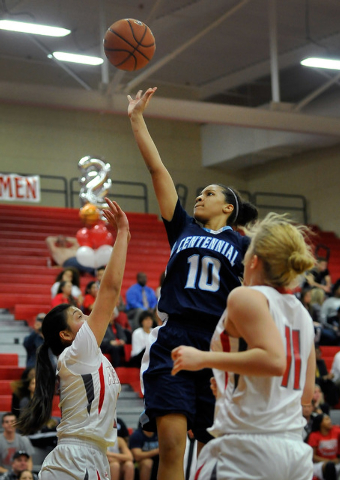 Centennial’s Jayden Eggleston (10) shoots against Arbor View on Monday. Eggleston had ...