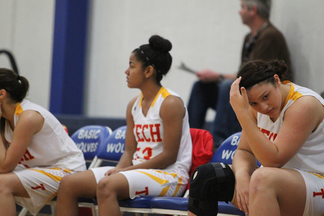 Tech’s Sidney Stanton, right, reacts to a play against Desert Pines during Tuesday&#82 ...