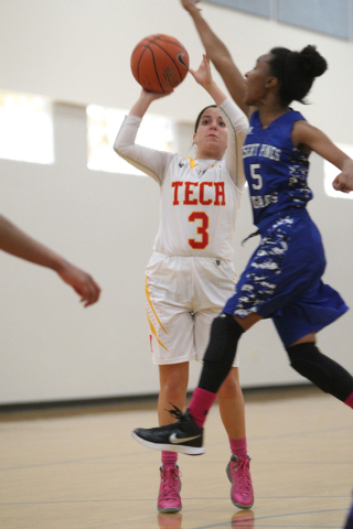 Tech’s Grace Malek (3) looks for an open shot against Desert Pines’ Chrystian My ...