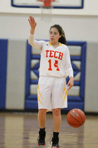 Tech’s Clarissa Szluha (14) signals her teammates during their game against Desert Pin ...