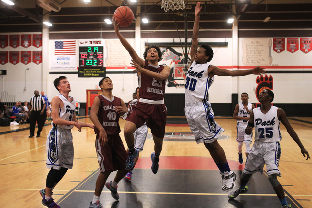 Cimarron-Memorial forward Jaron Ponder drives to the basket past Basic forward Robert Sutton ...