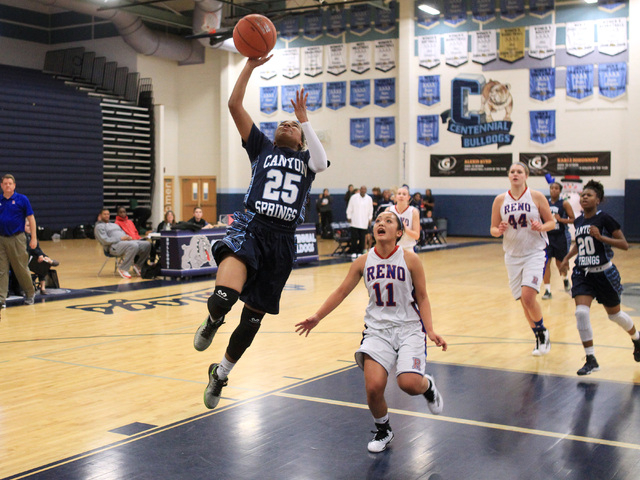 Canyon Springs guard D’Licya Feaster gets past Reno guard Daranda Hinkey for a basket ...