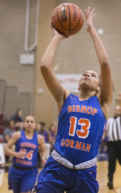 Bishop Gorman’s Georgia Ohiaeri (13) converts a fast break layup during the Gaels road ...