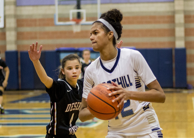 Foothill’s Rae Burrell, (12), prepares to pass the ball during a game against Desert O ...